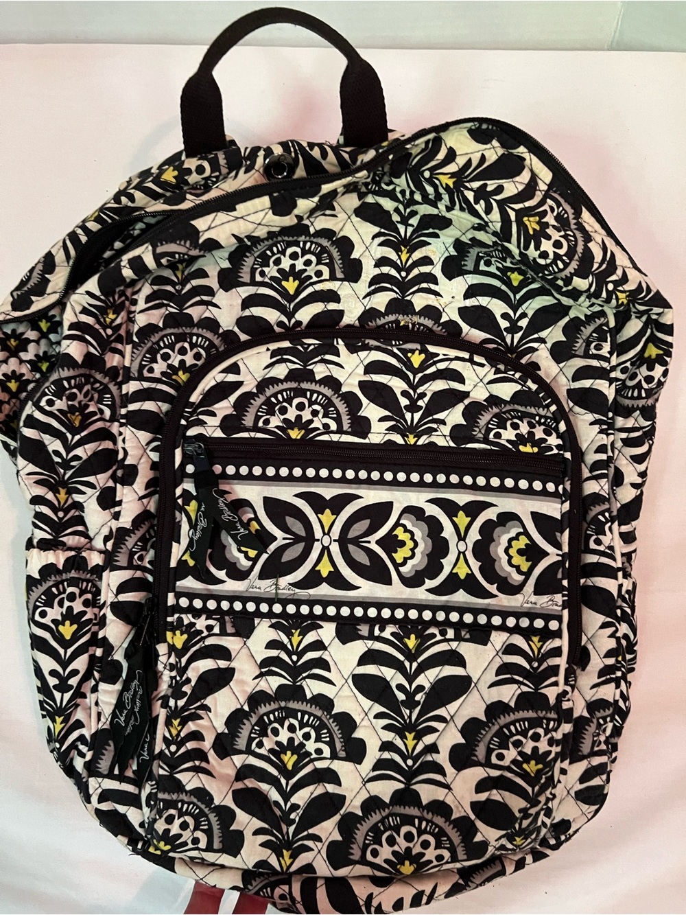 P13-Vera Bradley Black & Cream Quilted Floral Backpack with Yellow Accents